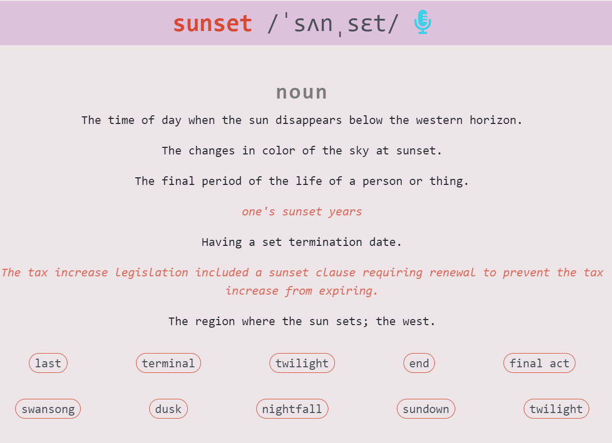 VALAGALA\/Dictionary App- Sunset Definition